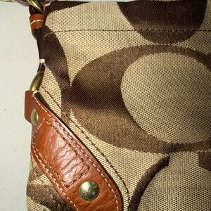 Coach 10730 Signature Mini Carly shoulder bag in khaki and brown GUC
